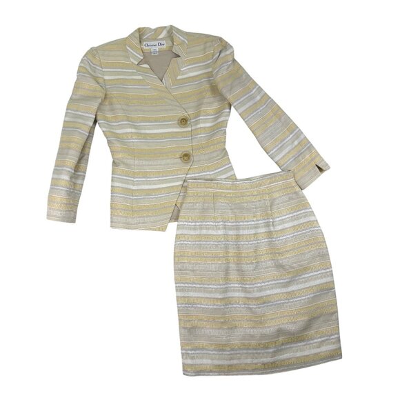 Christian Women’s Yellow & White Stripe Blazer & Skirt Set Size 2 - Picture 1 of 15
